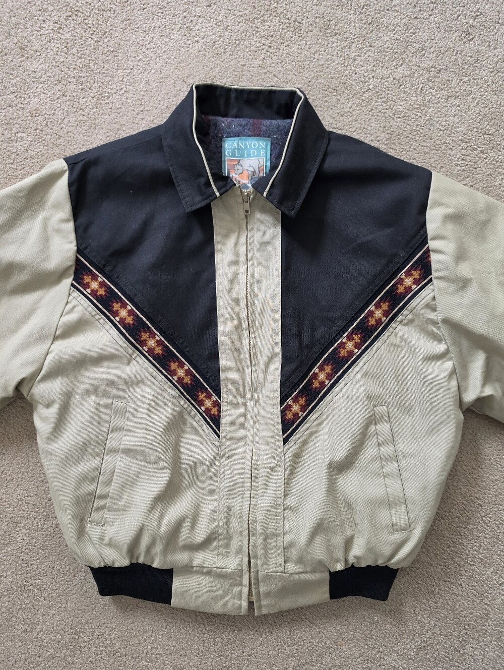 Vtg 80's 90's Bomber Jacket Tan Black Size L Southwestern Aztec Trim